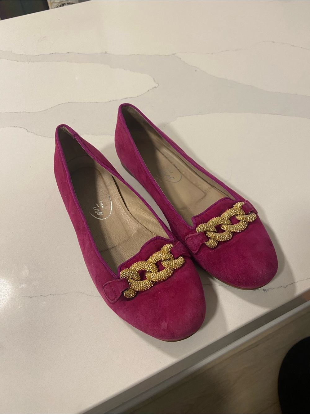 Women’s Pink Suede Chain-Accent Flats